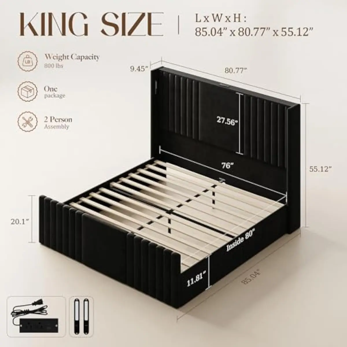 King size platform bed frame 55 inches tall with modern vertical tufted headboard velvet upholstery fade resistant LED reading l