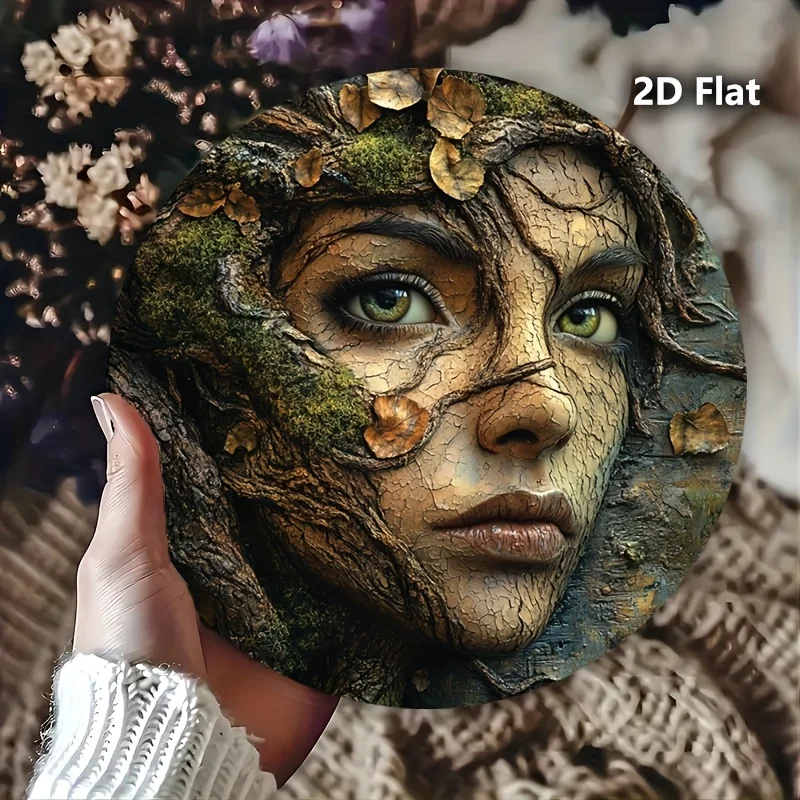 2D flach, 2D flach 1 Stück, Vintage-Metallschilder Baum mit dem Gesicht Frau Retro Aluminium kreisförmiges Metallschild Kranzschilder dekorative Si
