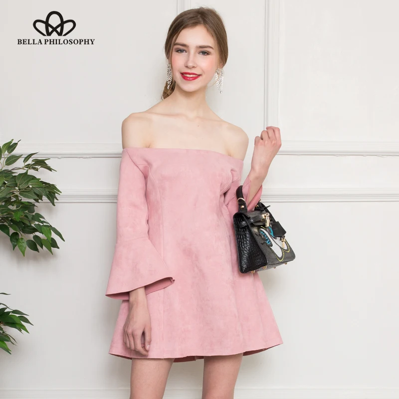 

Bella Philosophy, осенне-зимнее новое женское платье с открытыми плечами и оборками на рукавах, розовое платье из искусственной замши