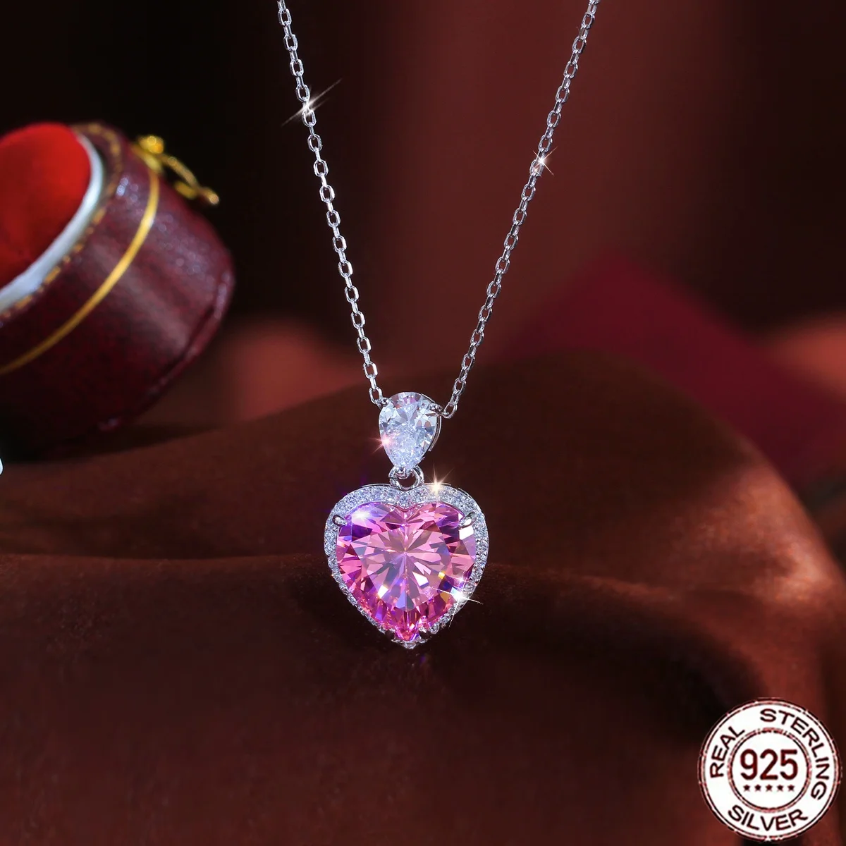 QooLady 925 Sterling Silber Herzförmige Rosa CZ Anhänger Halskette Glänzende Kette Jubiläums-Geburtstagsgeschenk für Sie SD081 – Detail 4