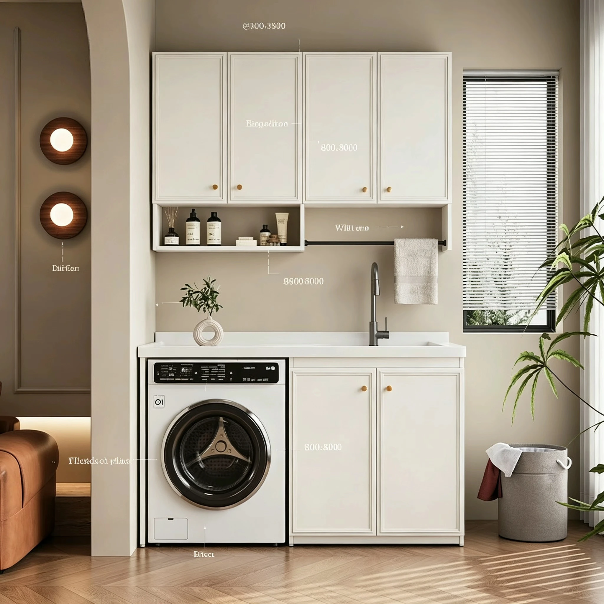 Washing Machine CabinetPremium Mirrored Balcony Laundry Cabinet High/Low Ceramic Basin Stainless Steel Drainer Lacquered Finish