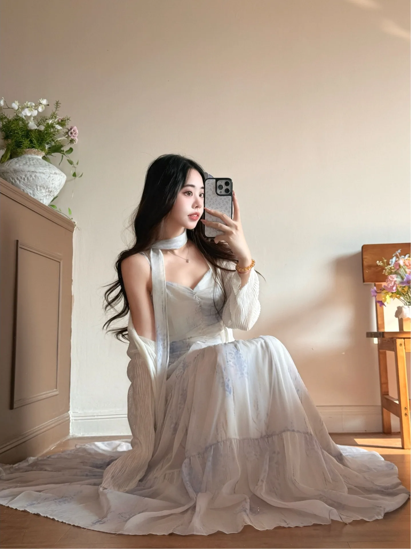 

plus Size Women's Elegant Sash Gradient Light Purple Holiday Style Long Dress Two Piece Set Slimming Strap Dress Princess Skirt
