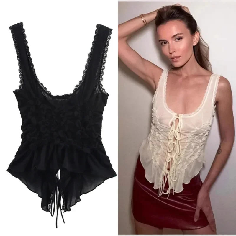 

Elegant Lace Up Ruffles Women Vest Sleeveless Pleated Slim New Summer Solid Vest Summer Fashion Lace Hem U-neck Slim Lady Tank