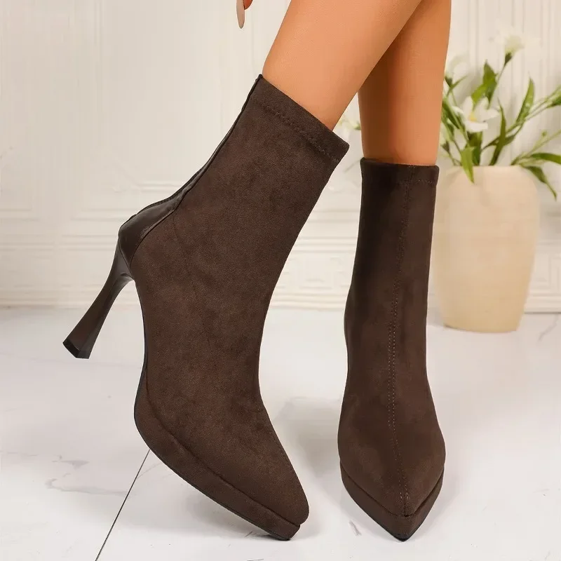 

High Heeled Booties Women Winter 2025 New Stretch Skinny Socks Boots Black Pointed Toe Mid-Tube Spring and Autumn Single Boots