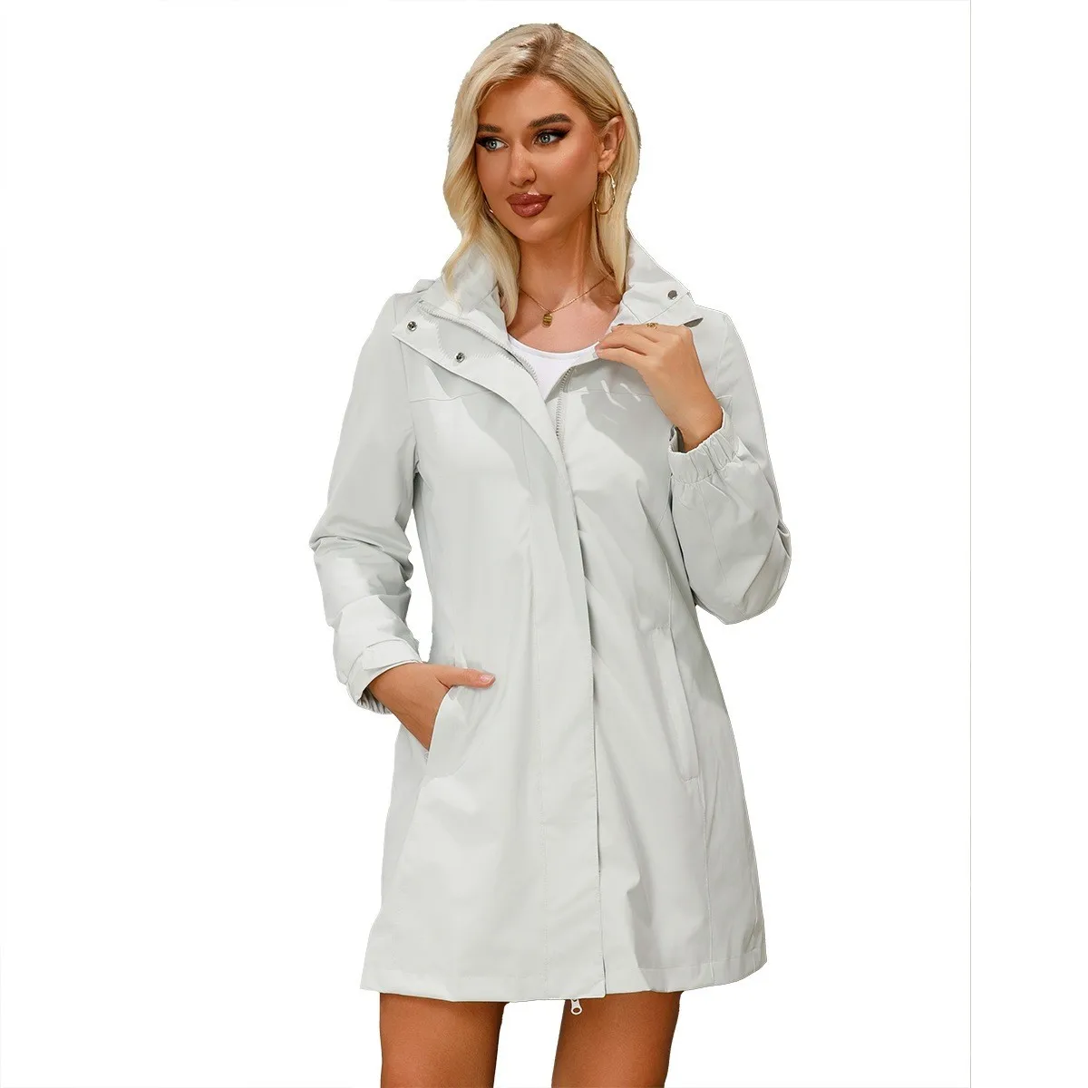 Long Sleeve Casual Coat Long Length Office Style with Lightweight Turn Down Collar Loose Fit Zipper Elegant Business Women Coat