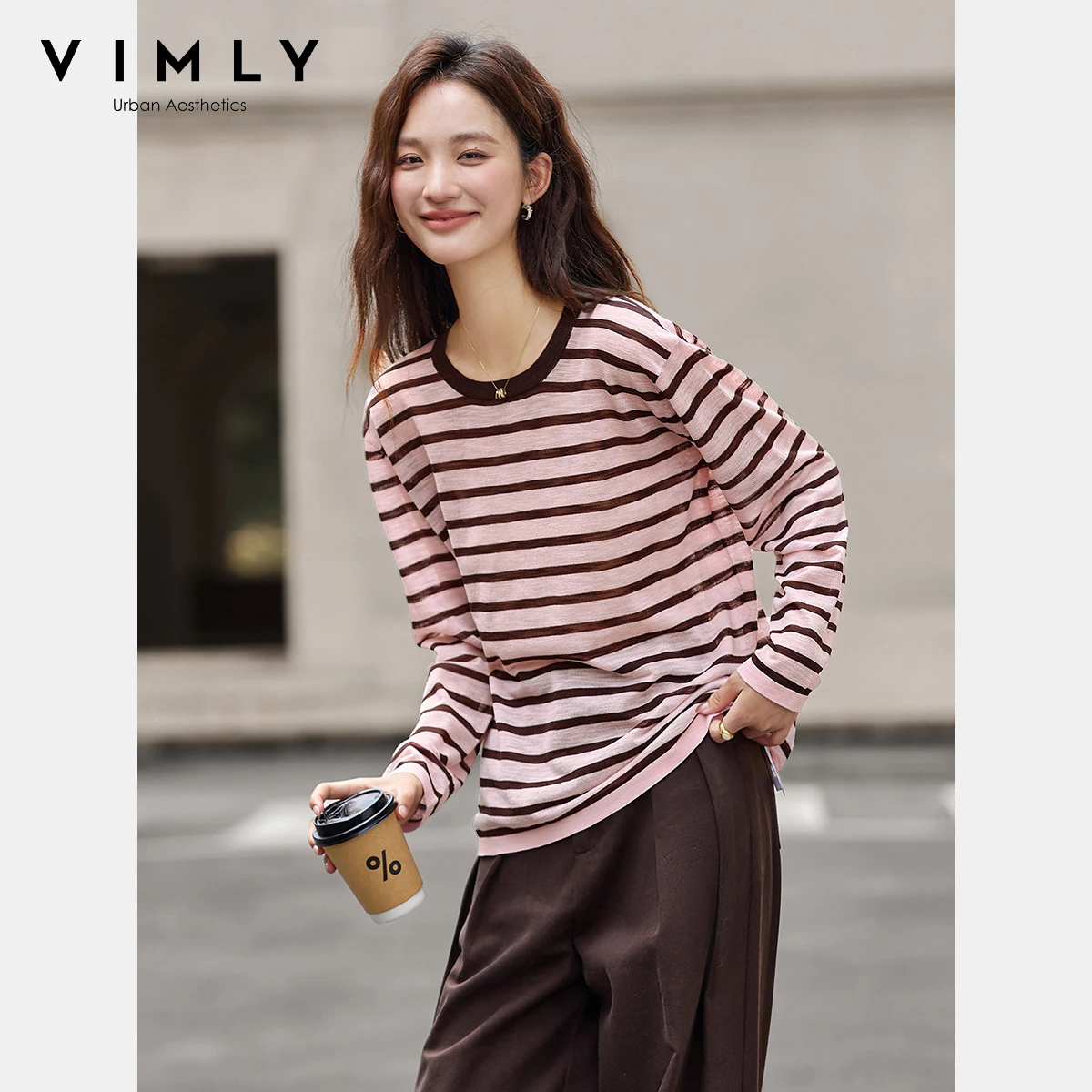 Vimly outono camiseta mulher 2025 listrado em torno do pescoço contraste cor feminina camisetas casuais de malha manga longa solta senhoras topos 75105