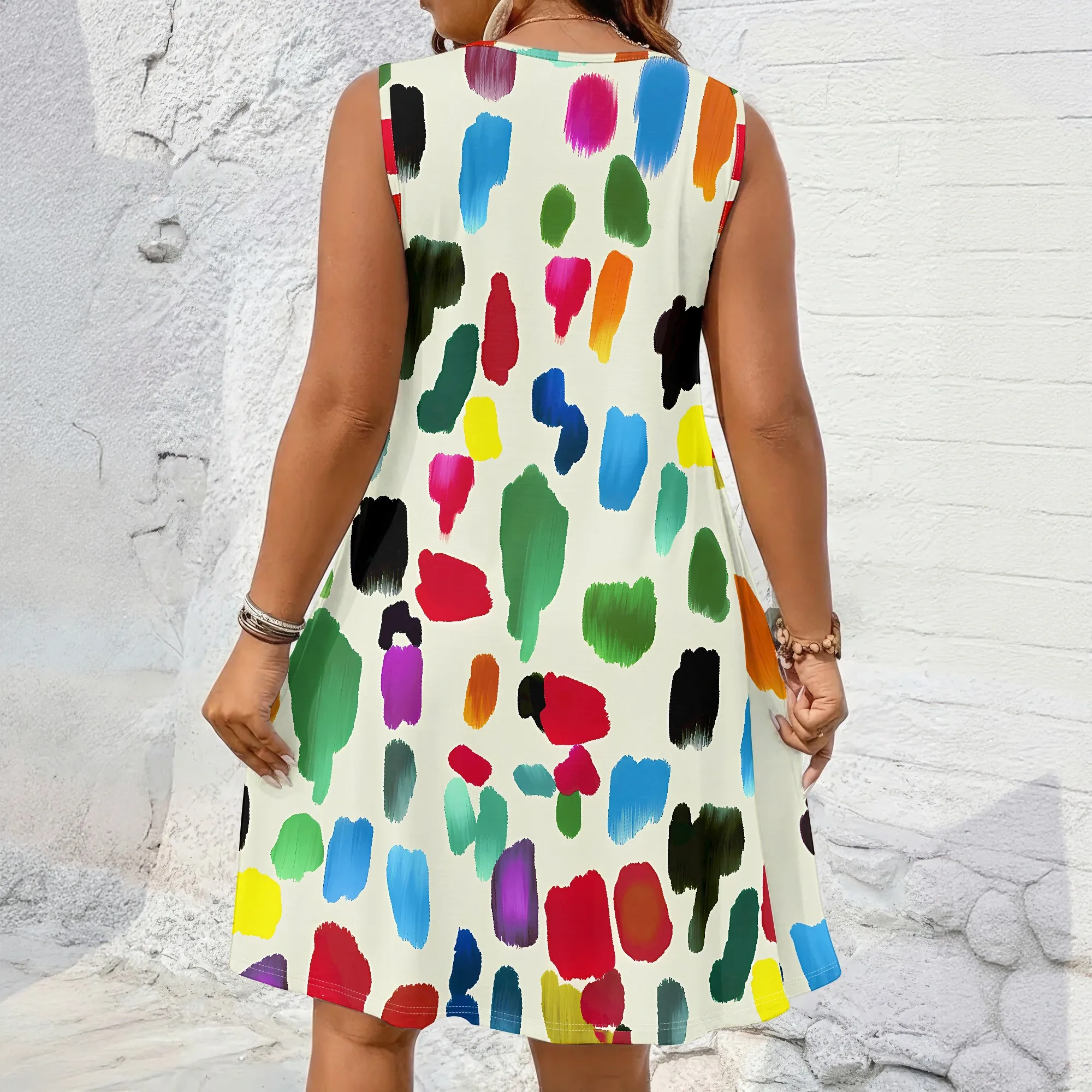 Bild 5: Buntes ärmelloses Kleid mit Farbdruck, Sommer-Minikleid mit abstraktem Kunstmuster, lebendige Pinselstriche, Freizeitkleidung für Damen, XL-5XL