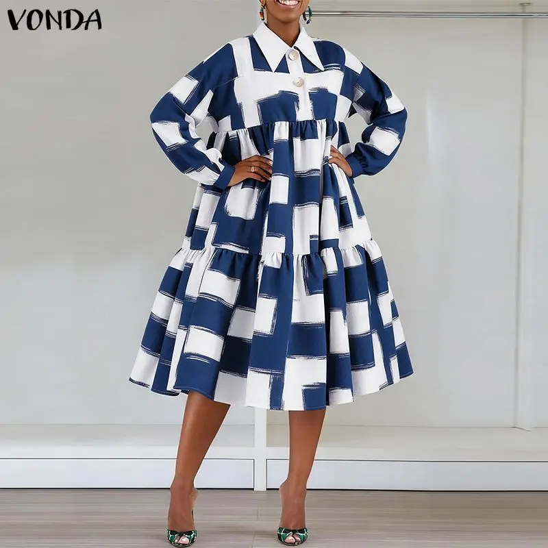 

Платье VONDA больших размеров для женщин, с длинным рукавом, с принтом, осеннее, 2026, с отложным воротником, на пуговицах, повседневное, свободное, модное, праздничное, длинное платье-сарафан, 5XL