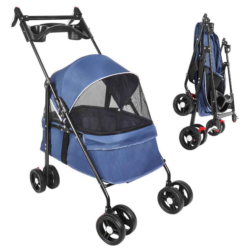 Poussette de voyage pliable pour chiens et chats, poussette de jogging avec porte-gobelet, auvent réglable, maille visible, gris/noir/bleu/rose/vert