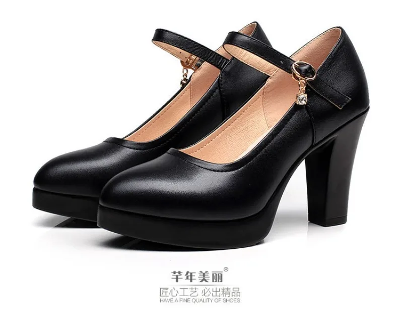 

2025Spring New Women's High Heels Thick Heeled Waterproof Platform Women Singles Shoes Work Shoes Leather Waterproof Shoes Femme