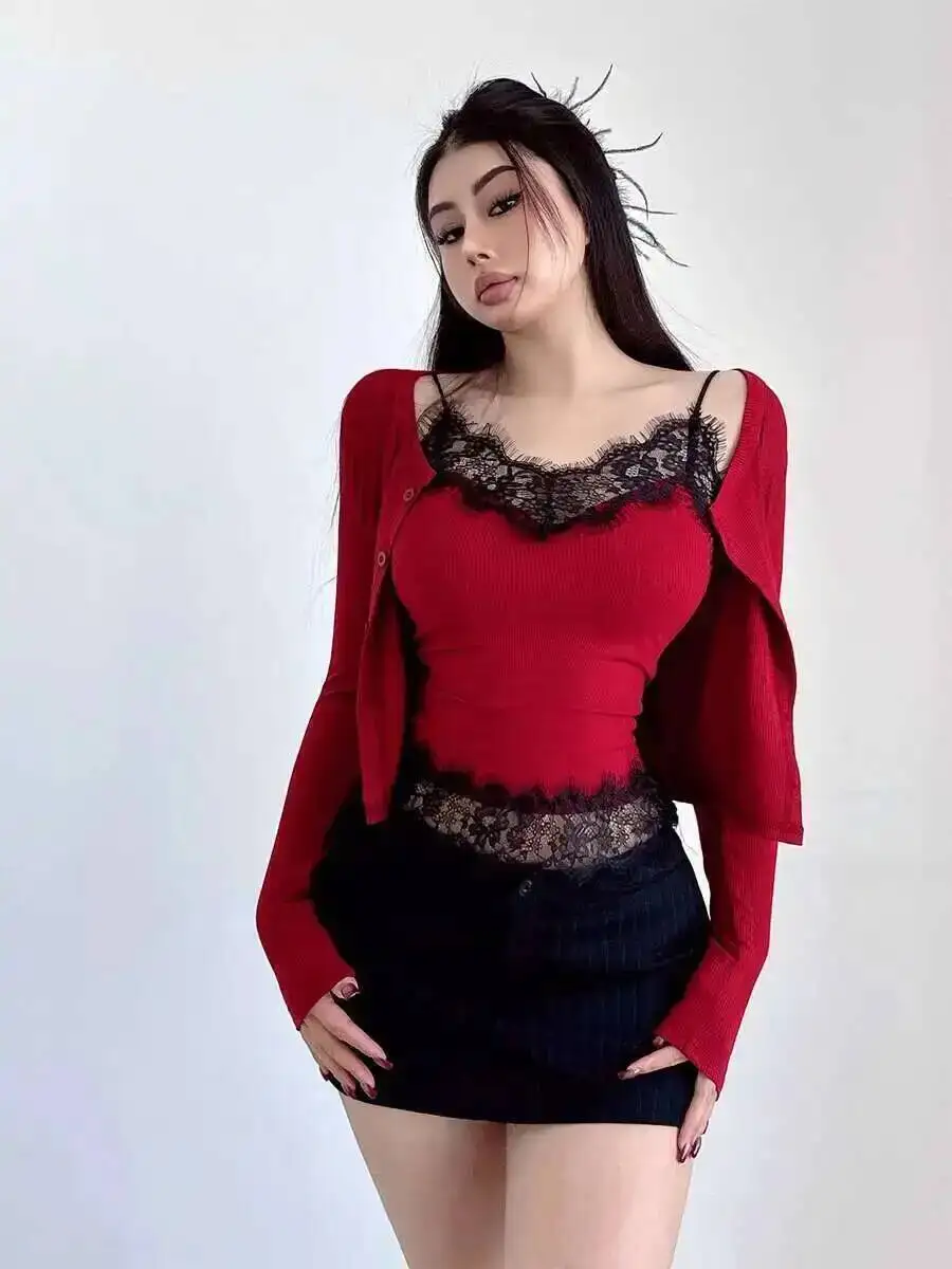 Korean Women's Sexy Pure Desire Lace Patchwork Camisole Vest Women's Careful Machine Slim Fit Cardigan Two-piece Set Tees 33J8