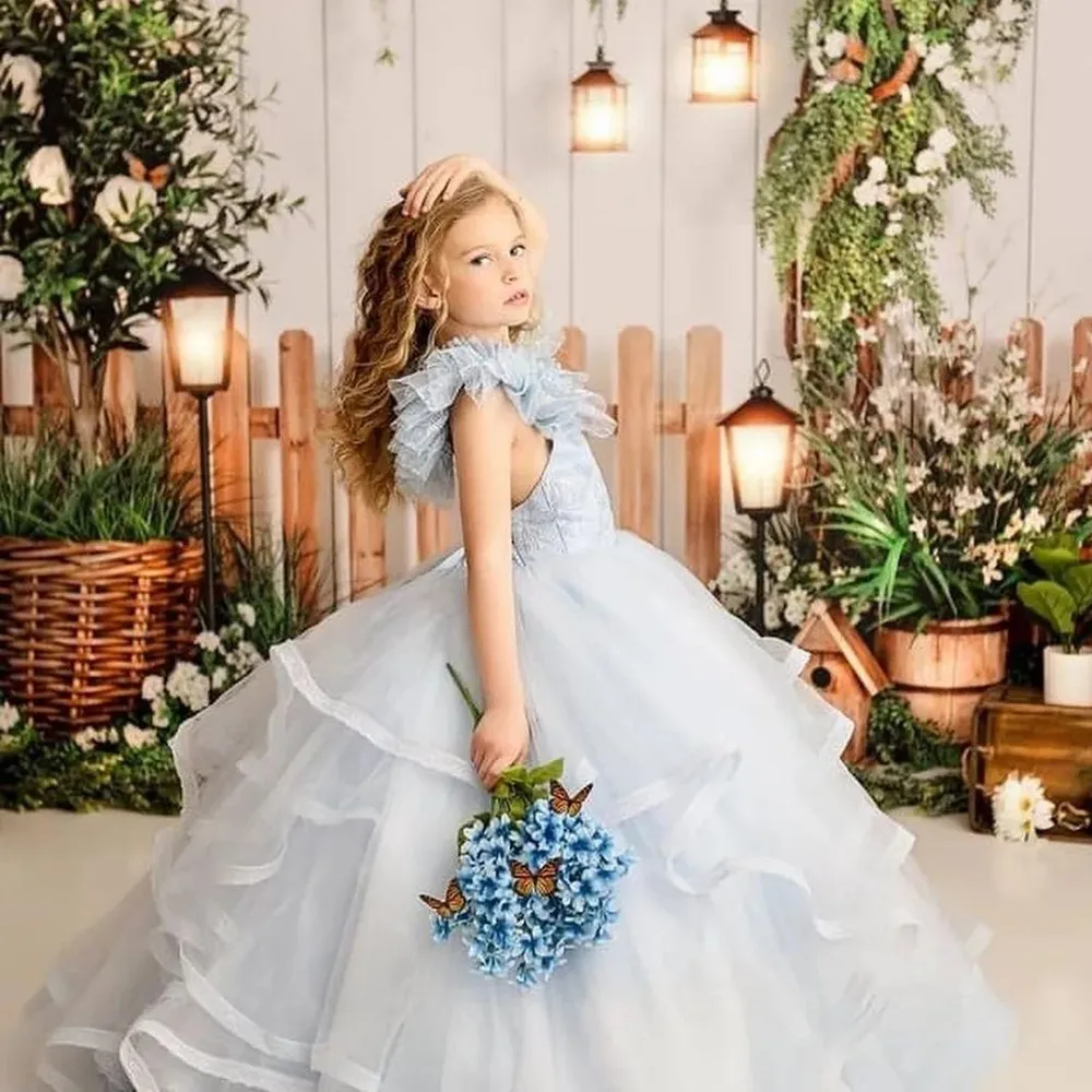 Vestido de niña de flores azul claro, falda de Organza de tul para fiesta de boda, vestido de baile de princesa con volantes, vestido Floral que fluye para niños