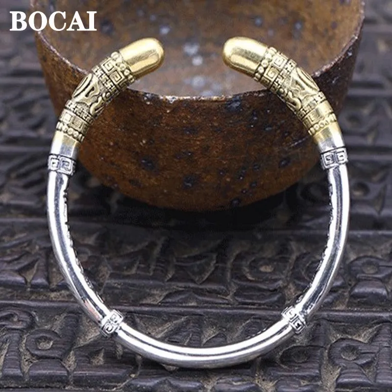 BOCAI New 100% s925 Silver Monkey King Wishful Golden Hoop Personality Open Six-character Mantra Man and Woman Bracelet