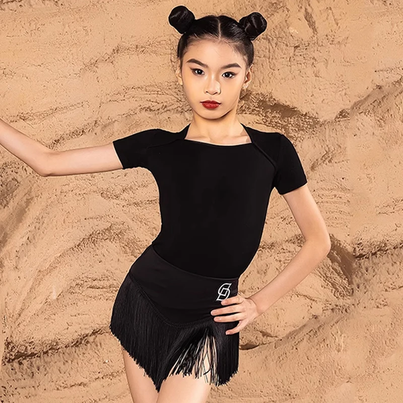 

Girls Latin Dance Clothes Short Sleeves Black Tops Tassel Skirt Professional Training Wear Cha Cha Rumba Samba Dance Dress 12410