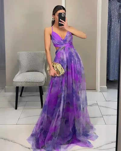 Imagen 2 del producto Vestido largo de fiesta con estampado de malla calado sexi con cuello en V para mujer, ropa de descanso para vacaciones, vestido largo sin mangas con cordones para mujer