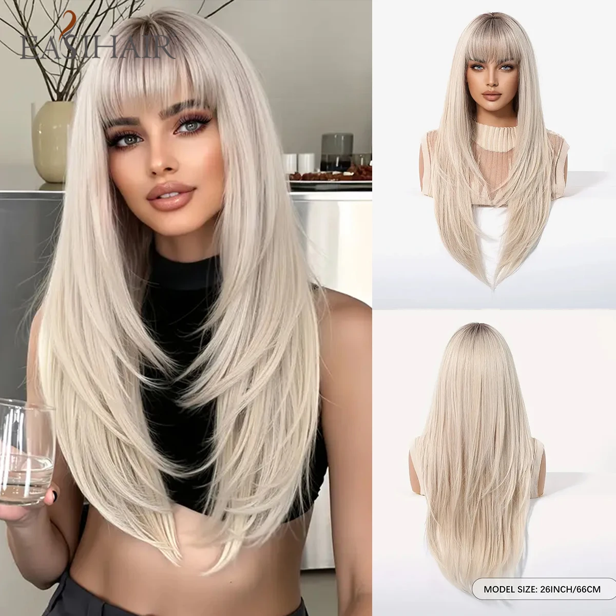 

EASIHAIR Blonde Synthetic Wigs With Dark Roots Long Straight Layered Natural Hair Wigs With Bangs Daily Heat Resistant Women Wig
