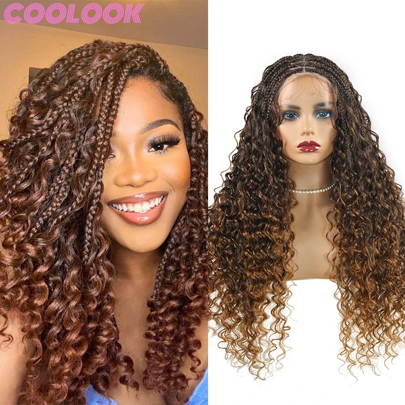 

24inch Bohemia Full Lace Braided Wigs Wine Red Synthetic Lace Daily Use Wig for Balck Women Water Wave Braids Frontal Lace Wigs