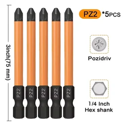 Pozidriv-Juego de brocas de destornillador de impacto PZ2, 5 piezas, 75mm, vástago hexagonal de 1/4 pulgadas, magnéticas