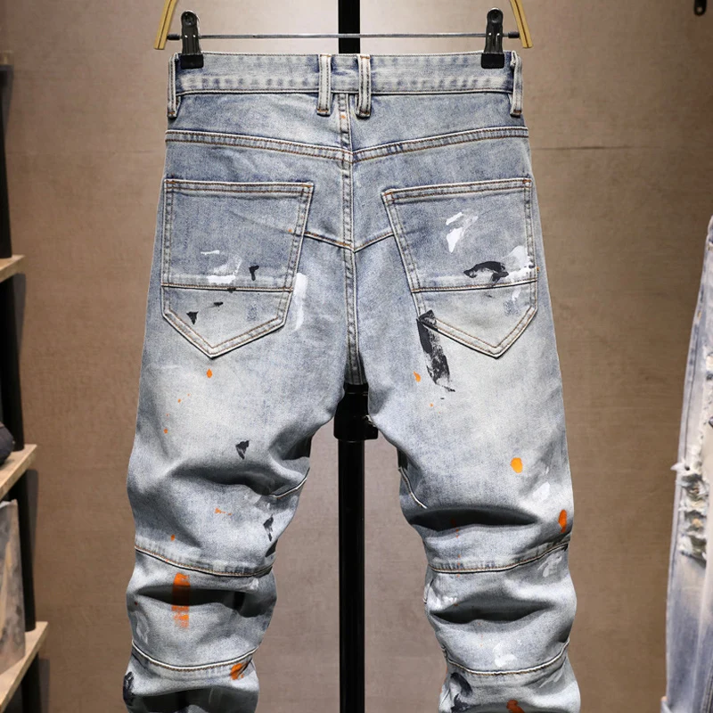 Street Designer Fashion Men Jeans Retro Washed Blue Stretch Slim Fit Multi Pockets Denim Cargo Pants Painted Hip Hop Biker Jeans