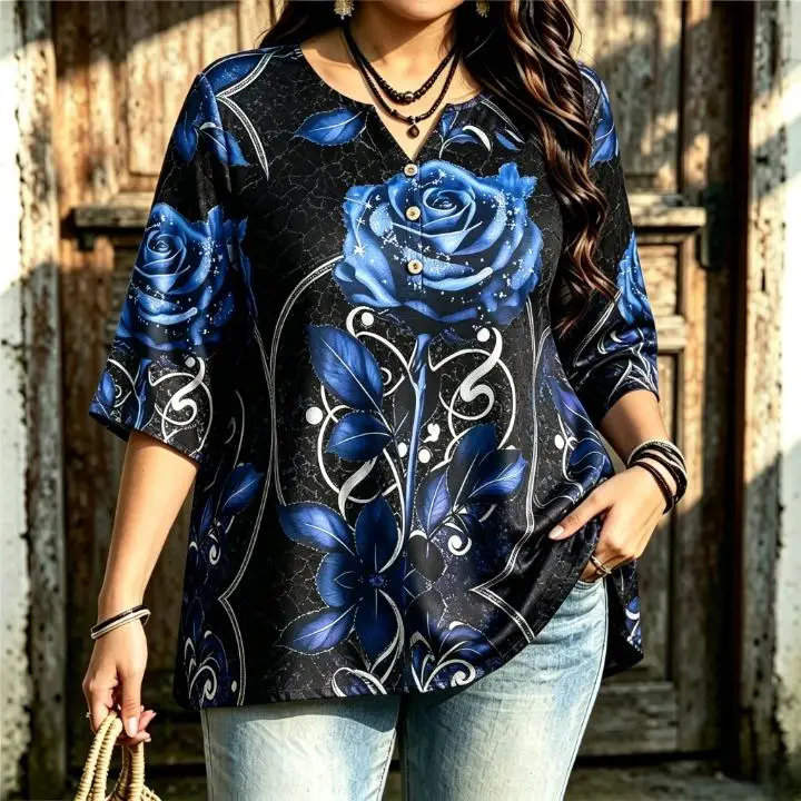 Women Vintage Floral Print Blouse Notched Neck 3/4 Sleeve Loose Curvy Fit Casual Daily Ladies Pullover Tops