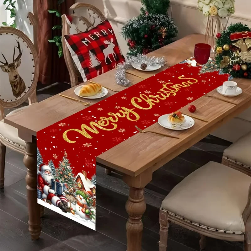 1pc Festive Christmas Table Runner, Snowman Santa Claus Xmas Tree Design Polyester Tablecloth, Red Christmas Tab