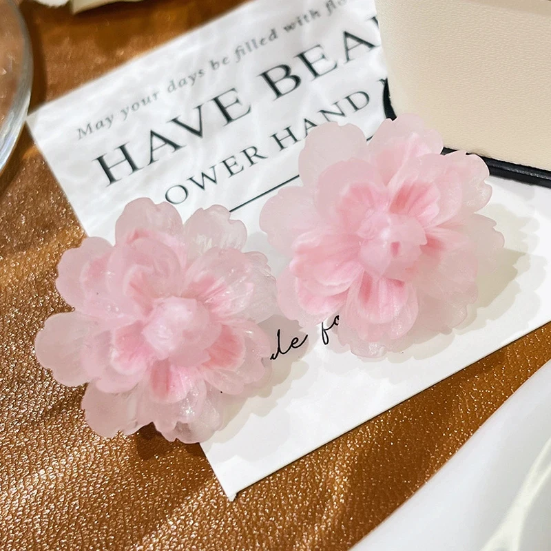 Blooming Pink Big Flower Stud Earrings for Women Multi-layer Acrylic Petals Floral Earrings Wedding Party Sweet Girls Jewelry