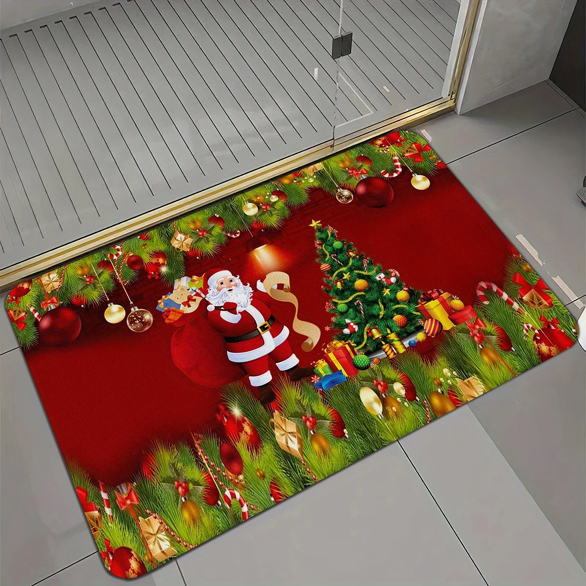 Neutral Merry Christmas Fox Ornament Door Mat Snow Tree Print Non-Slip Indoor Entrance Decor Rug