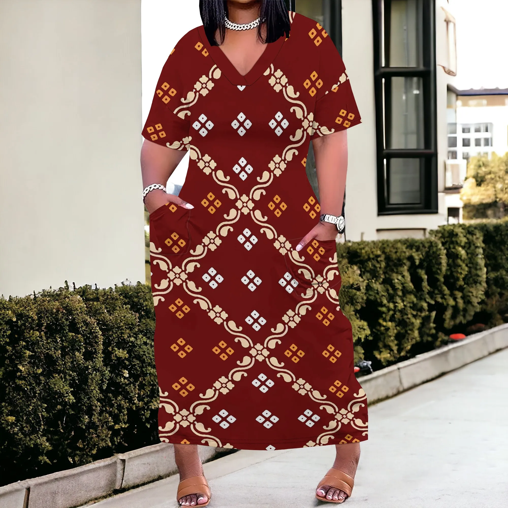 

Nupusa Plus Size Geometric Print V - Neck Dress Women Summer Loose Long Dress