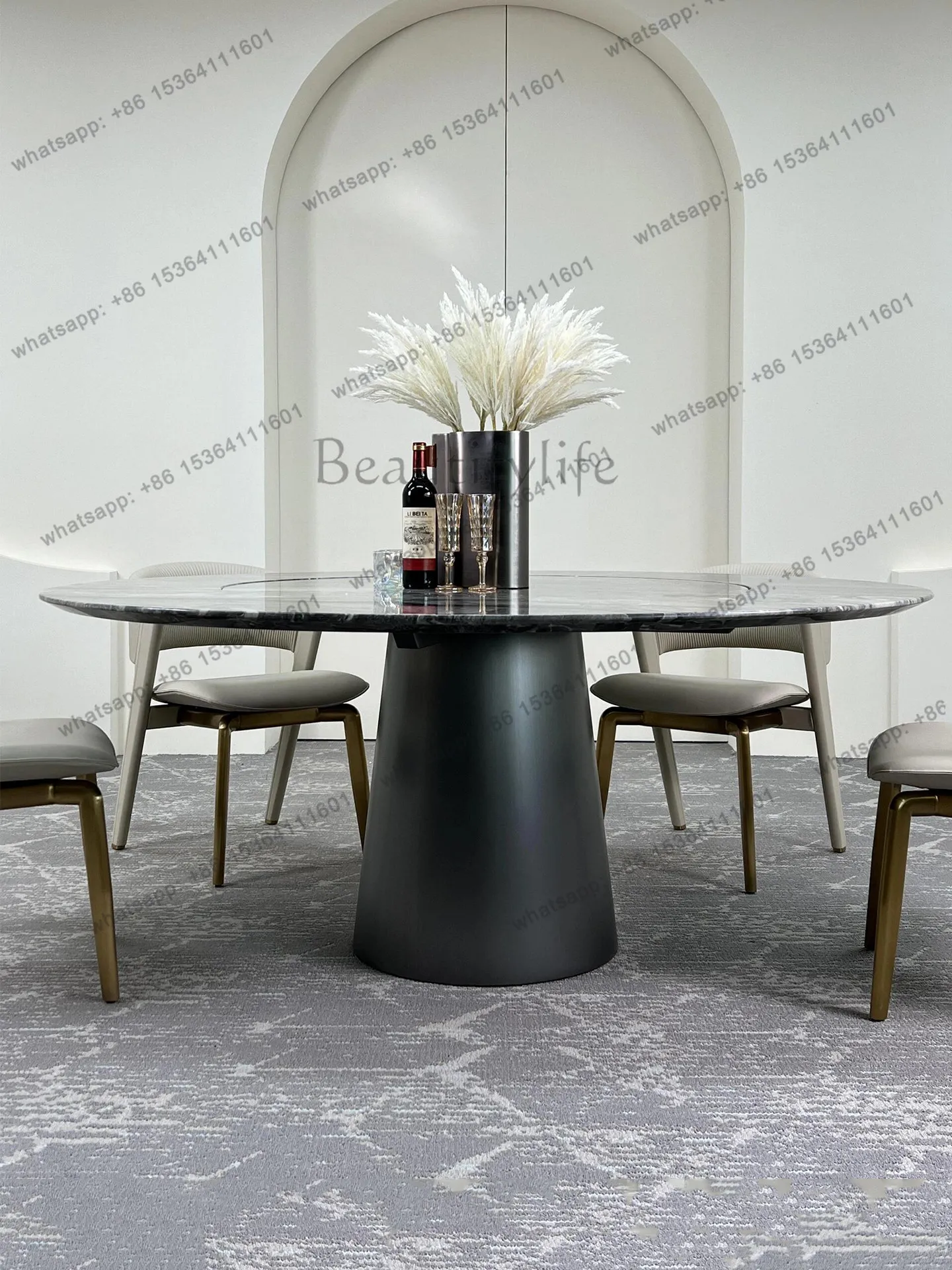 Brown luxury stone round dining table with turntable 1.2 meters brown natural marble inlaid turntable dining table