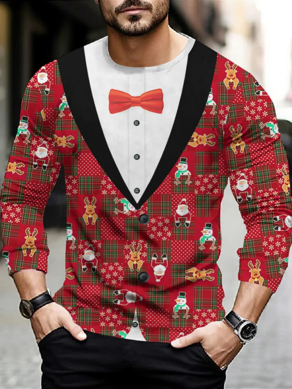 Funny T-Shirt for Men Chick Graphic T Shirts Christmas Pattern Print Long Sleeve Man Tee Oversized Outdoor Pullover Clothing Top