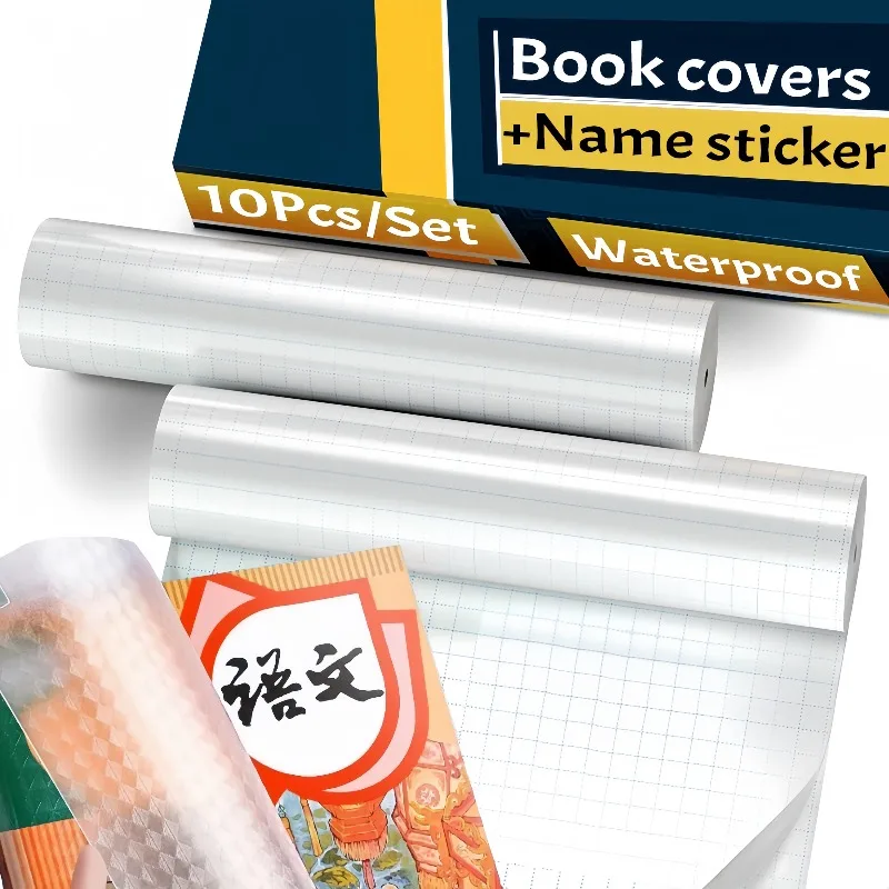 10Pcs/Set Waterproof Book Self-Adhesive Protective Covers with Name Stickers Transparent Self Adhesive Books Cover Skin Sleeves