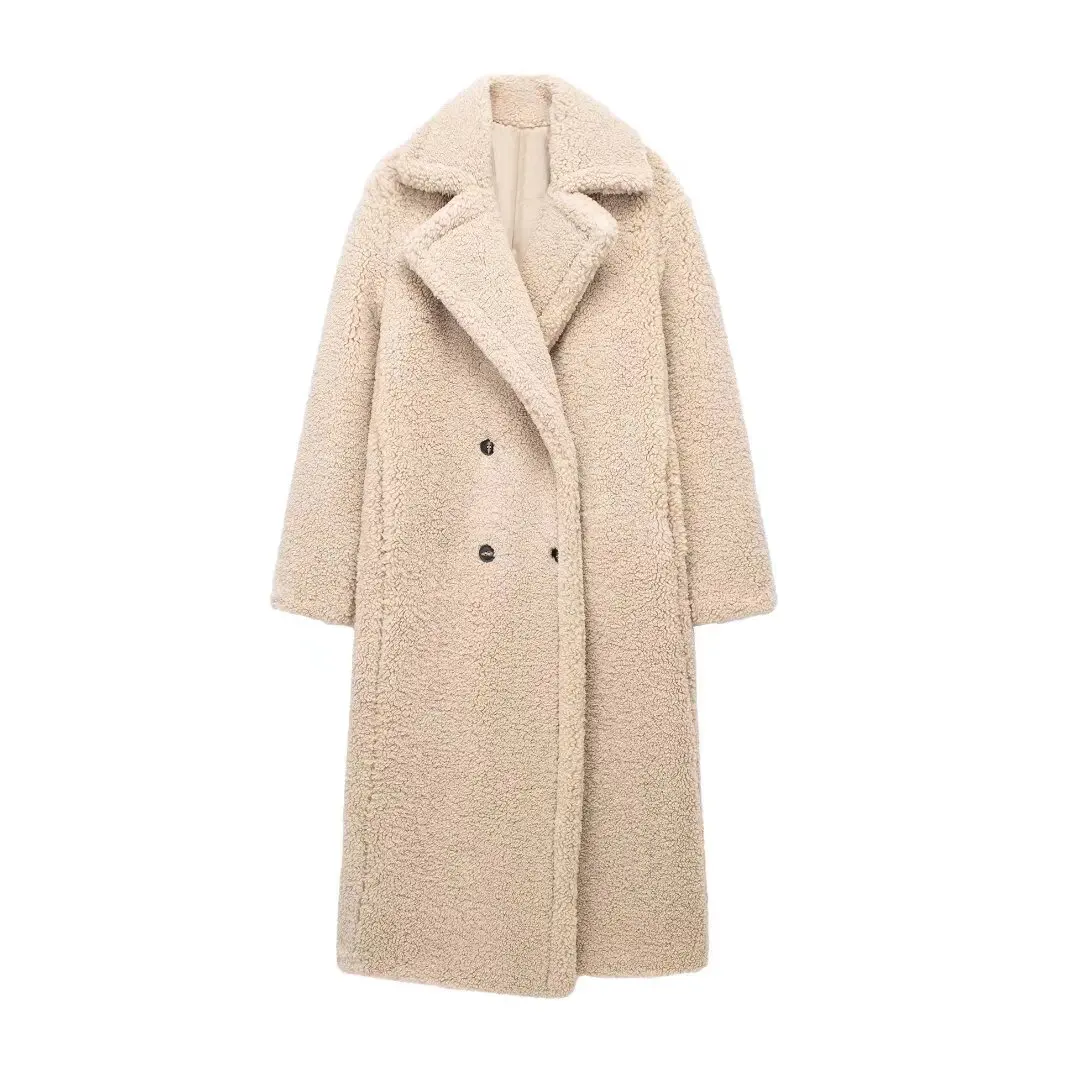 New winter style lapel double-breasted long sherpa coat for women fashionable and versatile warm top