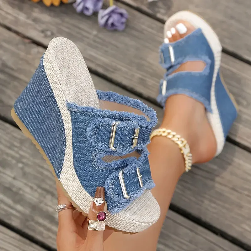 New Wedges Platform Women Sandals Summe Straw Weaving Thick Sole Denim Slippers Fashion Casual Double Buckle Strap Sandals Women
