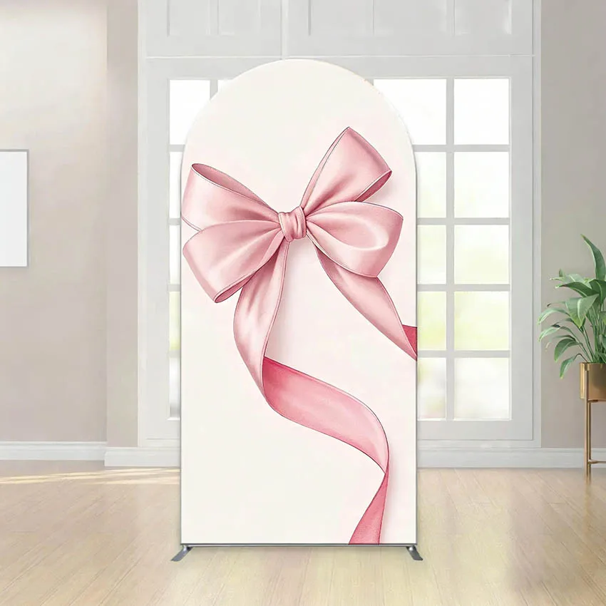 Mehofond Custom 2-Sided Pink Bow Floral Pattern Girl Birthday Party Baby Shower Cover Chiara Arch Background Decor Backdrop