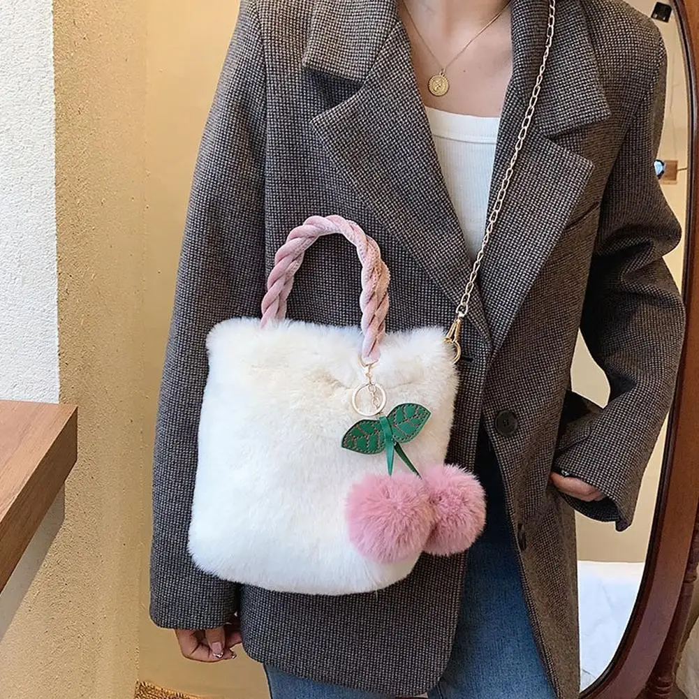 Versatile Cute Cherry Girl Plush Handbag for Women 2024 New Autumn/Winter Plush Single Shoulder Crossbody Bag for Women
