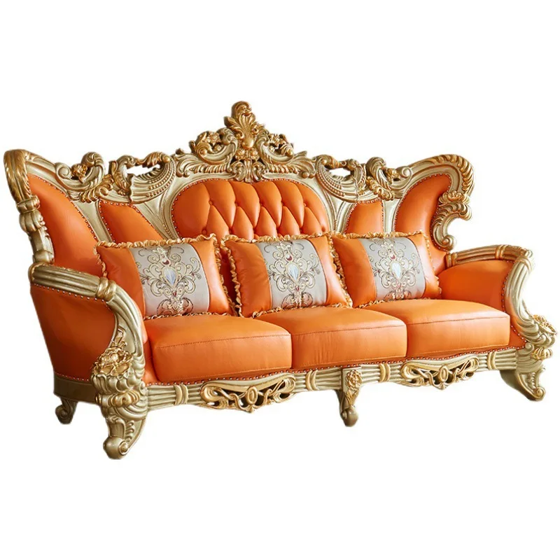 

Вилла в европейском стиле, кожаный диван из цельного дерева, размер гостиной, роскошный кожаный диван первого слоя