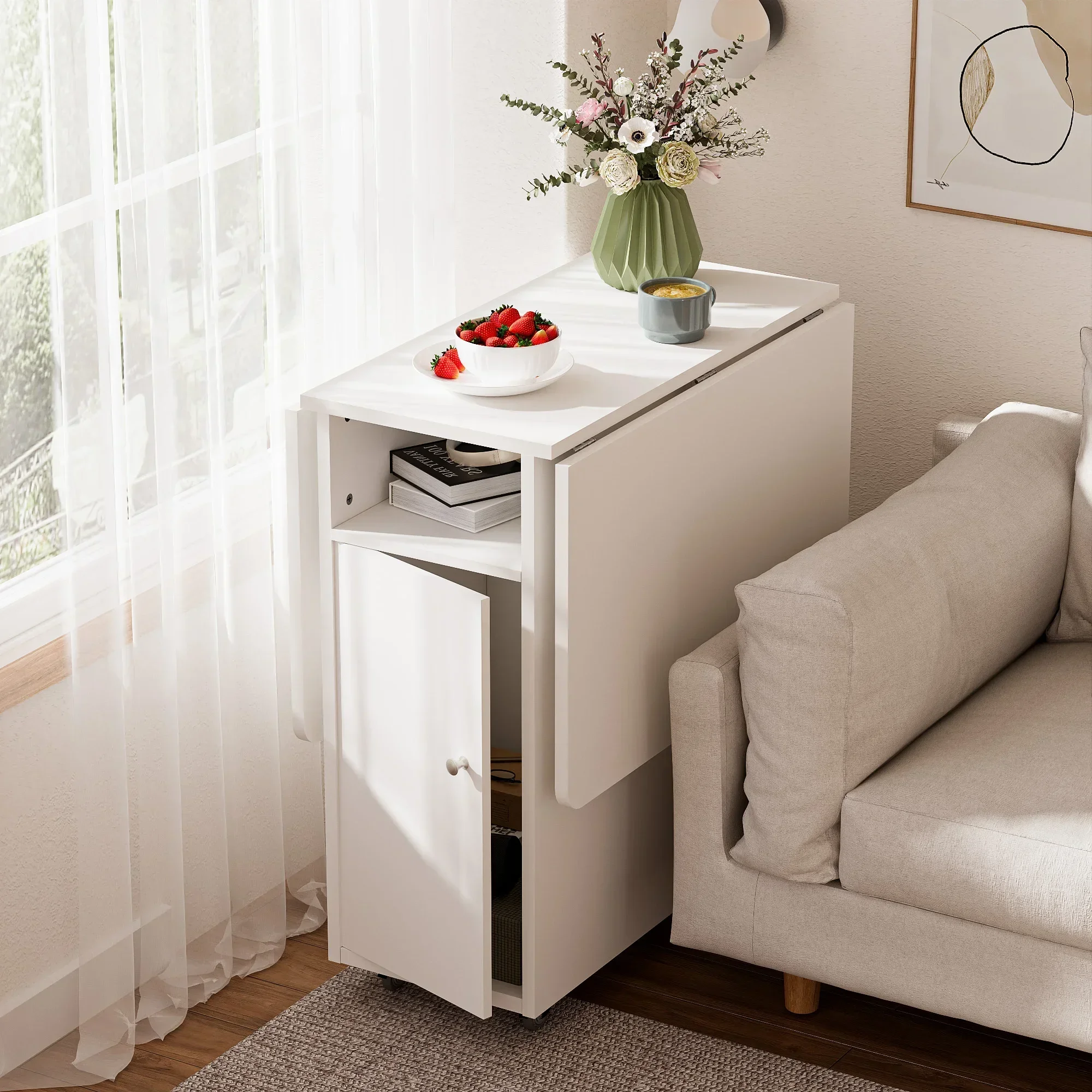 Multifunctional Wooden Retractable and Movable Folding Table With Wheels/Shelves Suitable For Kitchen/Living Room/Small Space