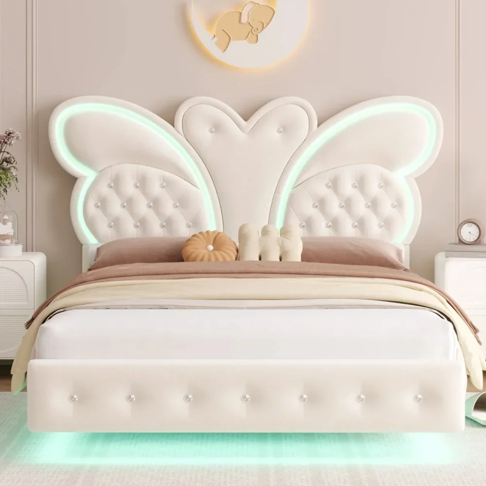 

Full Size Velvet Upholstered Bed with LED Lights, Floating Platform Bed Frame with Butterfly Crystal Button Tufted Headboard
