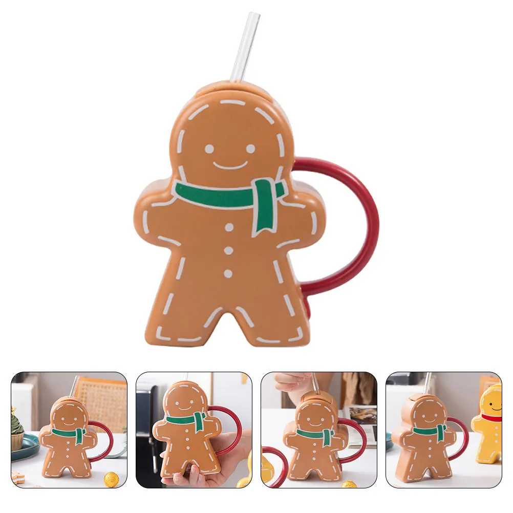 

Gingerbread Man Water Mug with Lid Stylish Can-Shaped Ceramic Cup for Hot Chocolate Iced Tea Fruit Infusion Drinkware