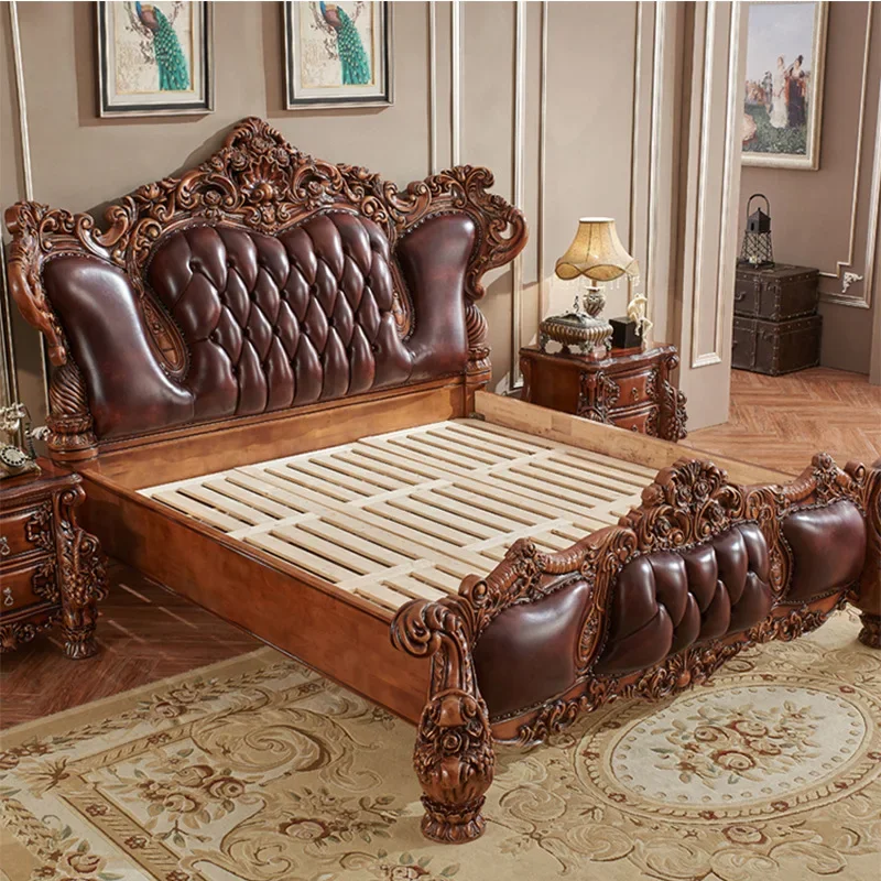 European solid wood double bed luxury master bedroom wedding bed high-end atmosphere villa bedroom luxury leather carved bed