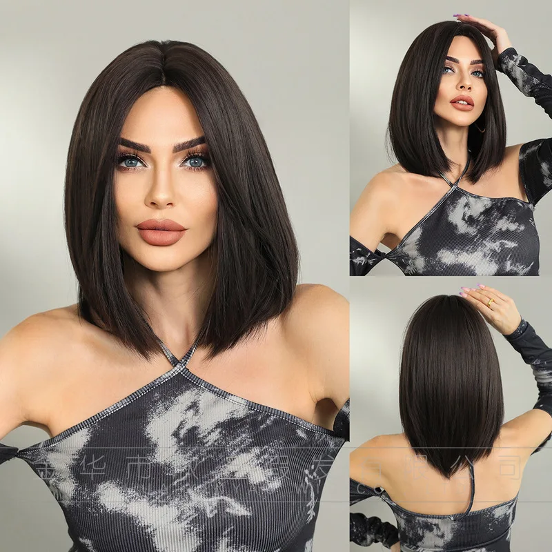 Cross-border European and American women's black middle-parted short straight hair 14inch shoulder-length synthetic wig for