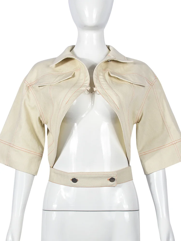 Nibber Small Personality Woman Jacker Button Metal Ring Autumn Cardigan Outdoor Street Fashion Half-Sleeved Lapel Short Coat