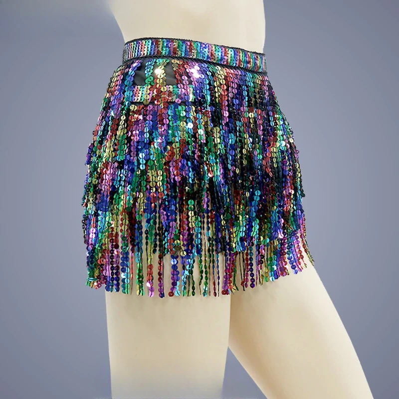 Women Girls Belly Dance Shiny Sequins Tassel Hip Wrap Scarf Skirt Belt Dancing Costume Dance Wear Carnival Rave Performance Belt