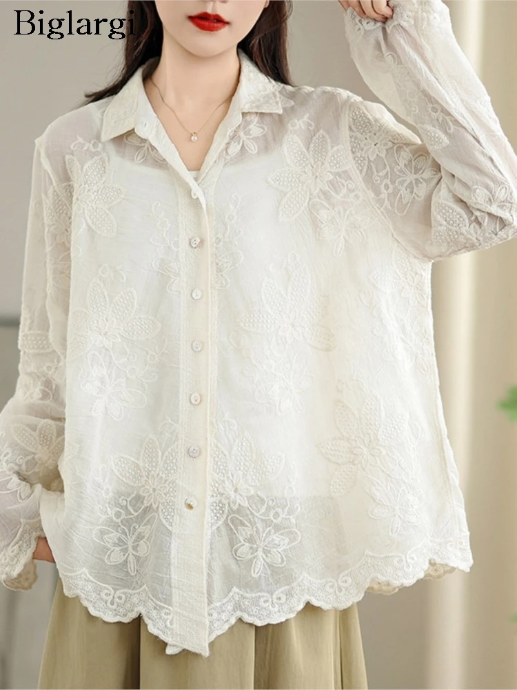 

Oversized Summer Shirts Women Irregular Sweet Fashion Lace Flower Embroidery Ladies Blouses Long Sleeve Casual Loose Woman Shirt