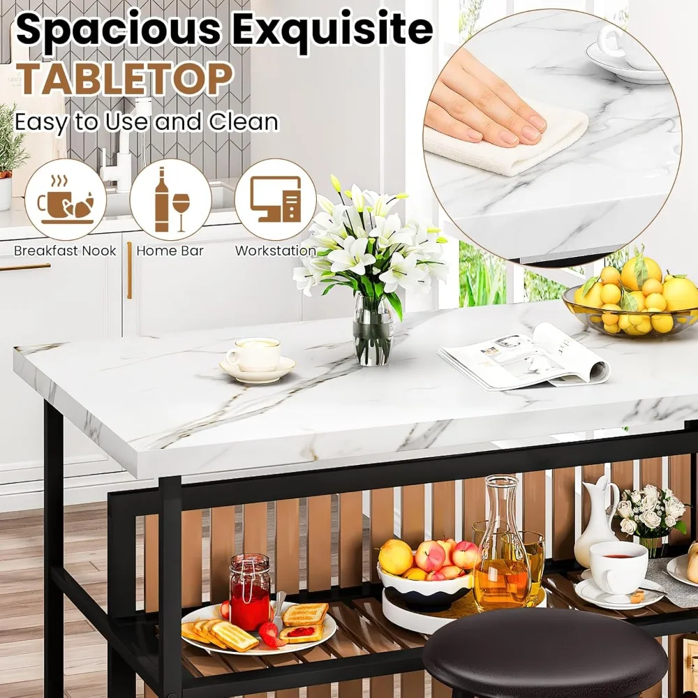 現代的な3ピースキッチンアイランド、スツールと収納付き、2人用コンパクトダイニングセット、省スペースキッチン＆ダイニングルーム家具