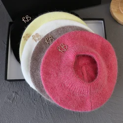 Wholesale 2024 New Letter Pearl Angora Fur Beret for Women Winter Hat  Artist French Painter Hat Female Warm Walking  Knit Cap