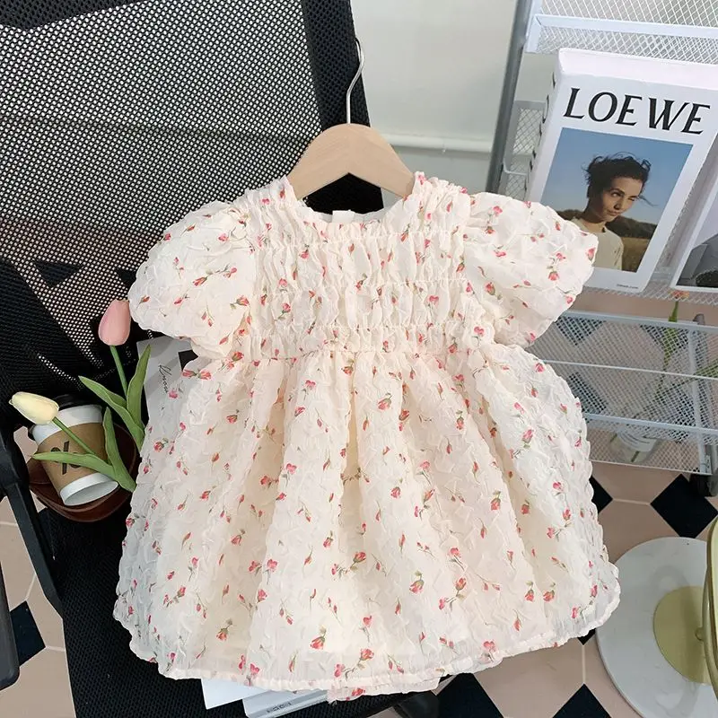 2023 Summer New Korean Girls\' Edition Pleated Round Neck Flower Print Children\'s Clothing Girls Short Sleeve Sweet Midi Dress