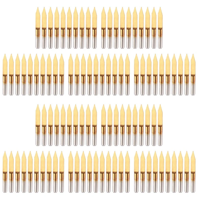 A23T 100Pcs 30 Degree 0.1mm Tip Titanium Coated Flat Bottom Carbide PCB Engraving Bits, V-Shape CNC Router Cutter, 3.175mm