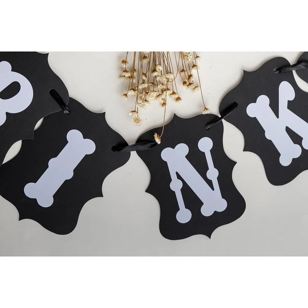 White Black Paper Wedding Banners Black Wide Rope Birthday Party Decoration Printed Letters Photo Props Drinks Buffet Hanging