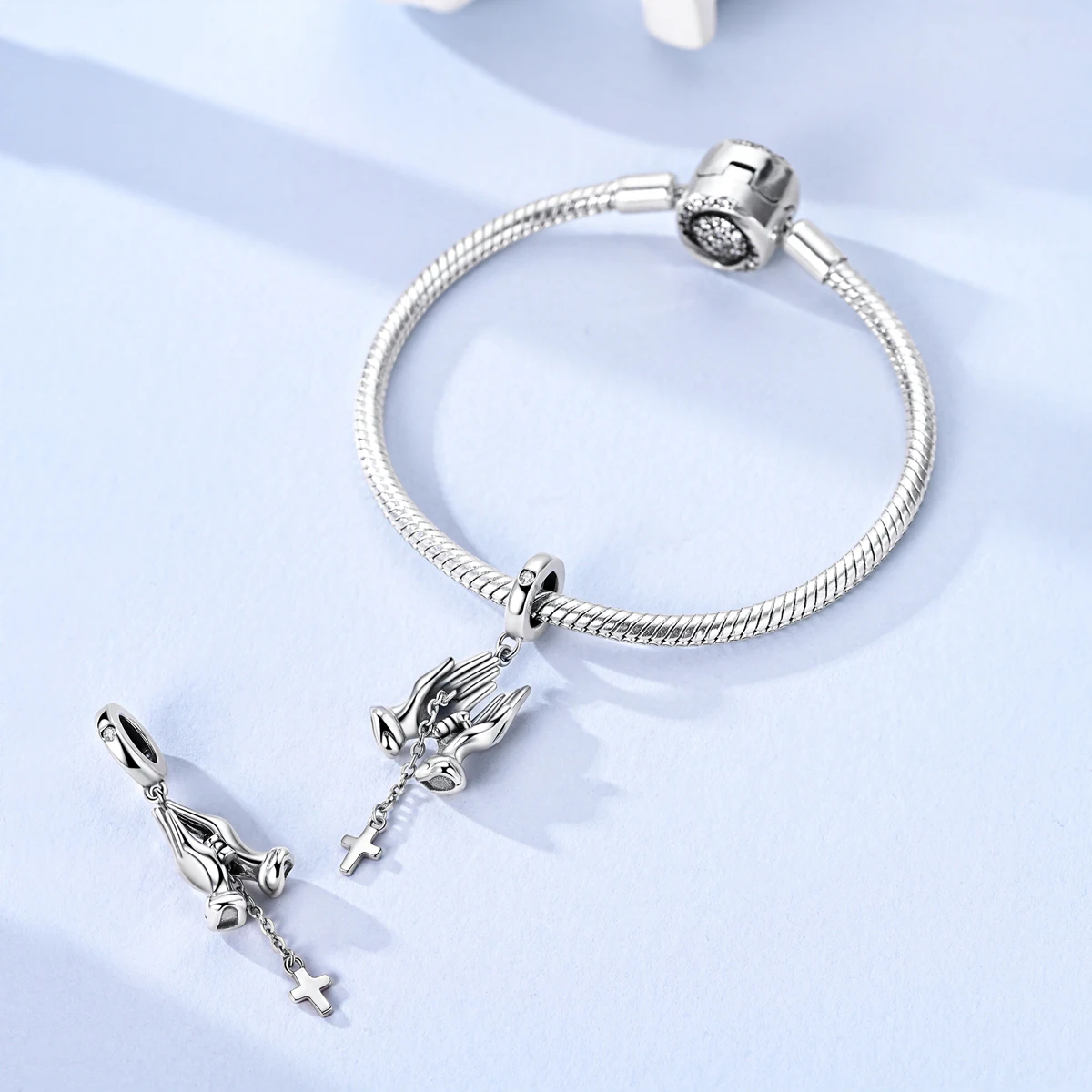 925 Sterling Silver Prayer Hand Charms Bead CZ Zircon Cross Dangle Fit Original Bracelet DIY Women Jewelry Gift